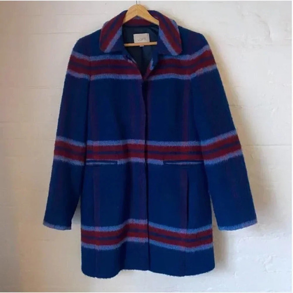 Loft Blue Red Plaid Stripe Wool Coat X-Small - Picture 4 of 8